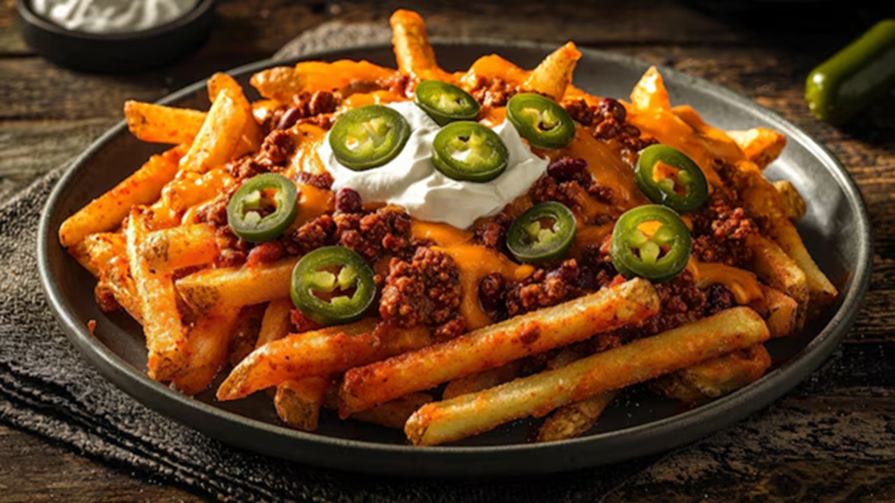 Chili cheese fries are also tasty and have a spicy and tangy taste. It has chopped capsicum and jalapeno and creamy cheese.