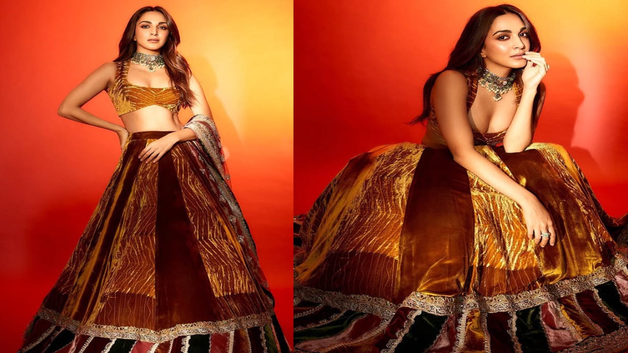 A velvet style lehenga is a classy option. With a multicolor border, the velvet blouse and shiffon dupatta will definitely give you royal vibes.