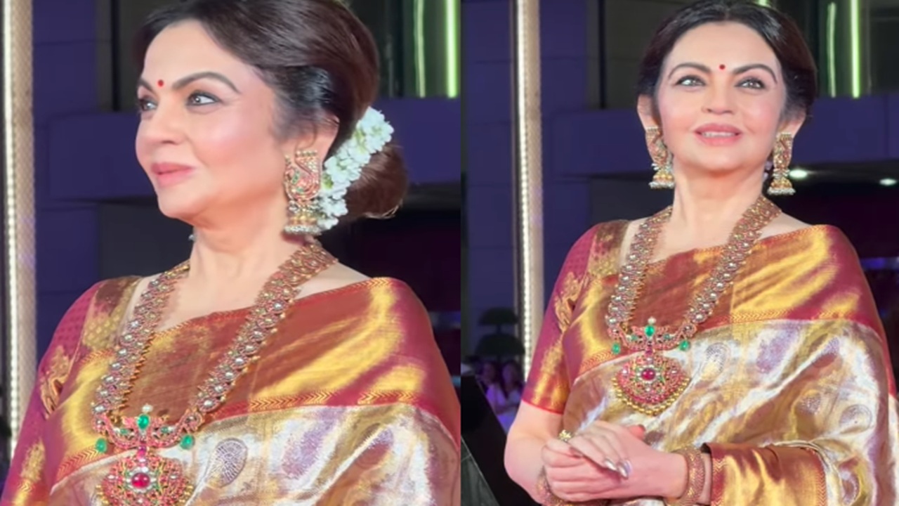 Nita Ambani Shines in Molten Gold Silk Saree and Dazzling Emerald-Ruby Necklace at NMACC's 3rd Anniversary Celebration