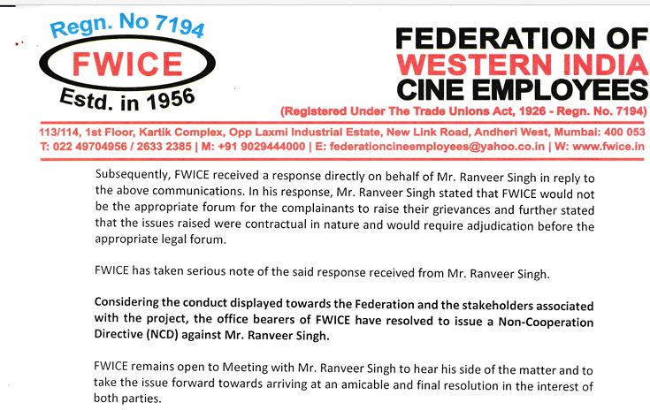 Ranveer Singh Faces FWICE Ban